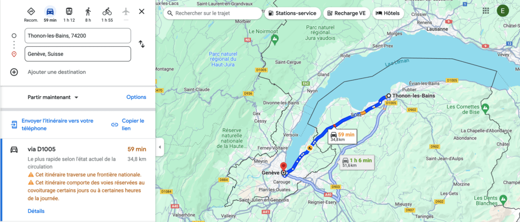 Itinéraire entre Thonon-les-Bains et Genève